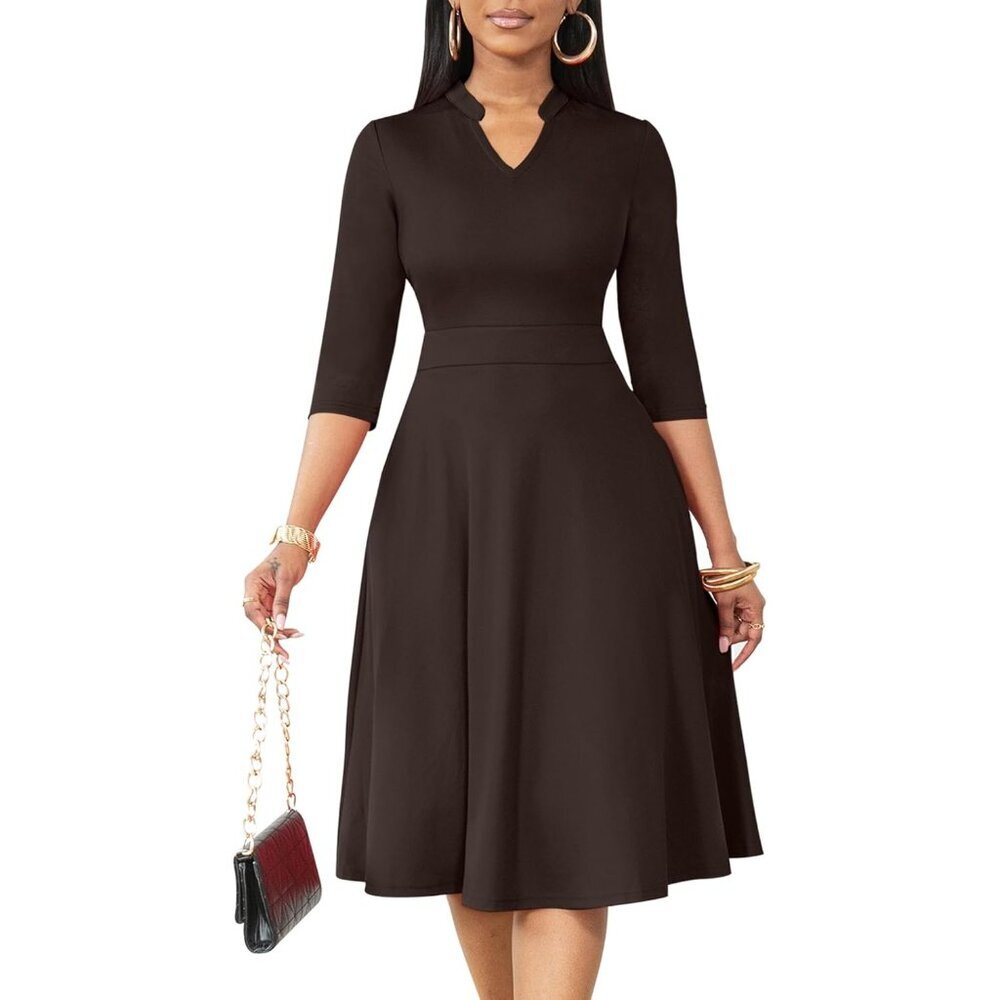 Women Brown 3/4 Sleeve Semi Formal Fit and Flare A-line Dress With Pockets
